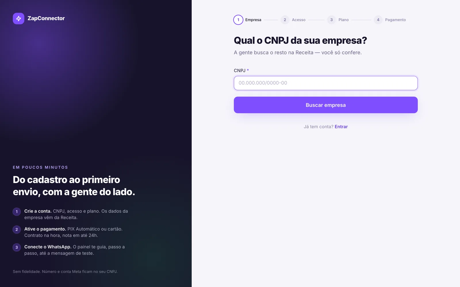 Tela de criação de conta