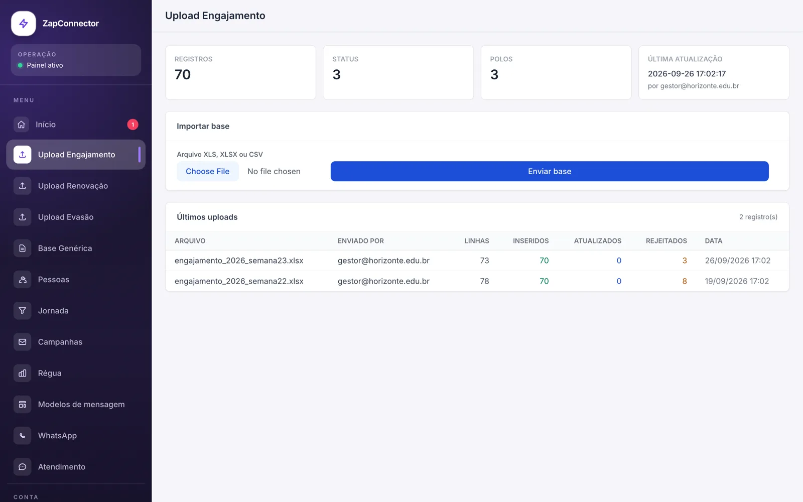 Tela de envio de relatório de engajamento