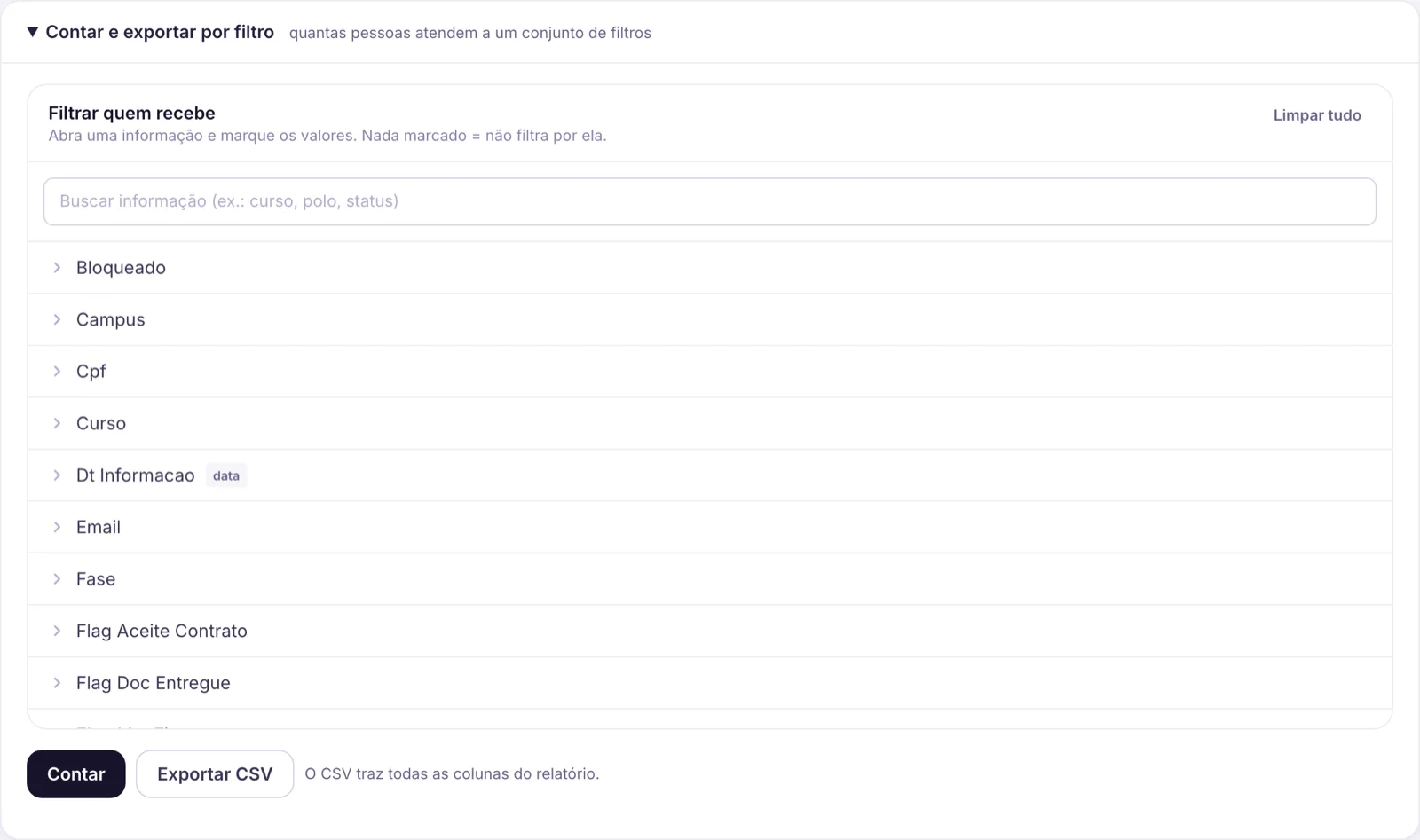 Contar e exportar por filtro