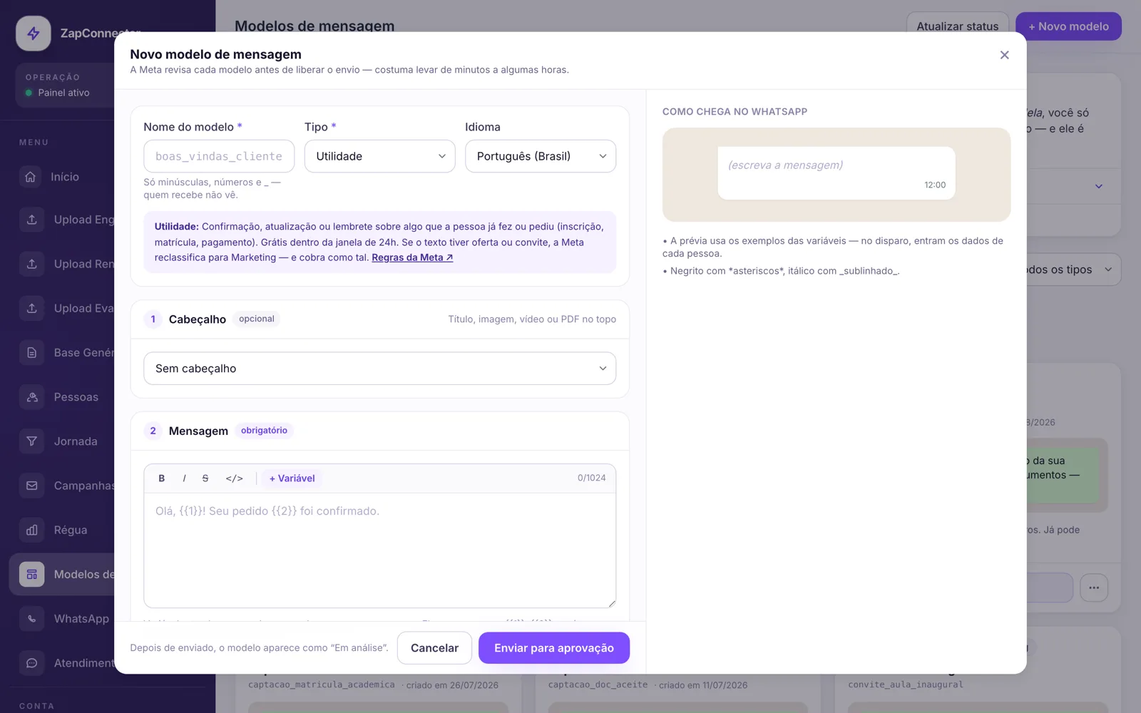 Formulário de novo modelo com prévia