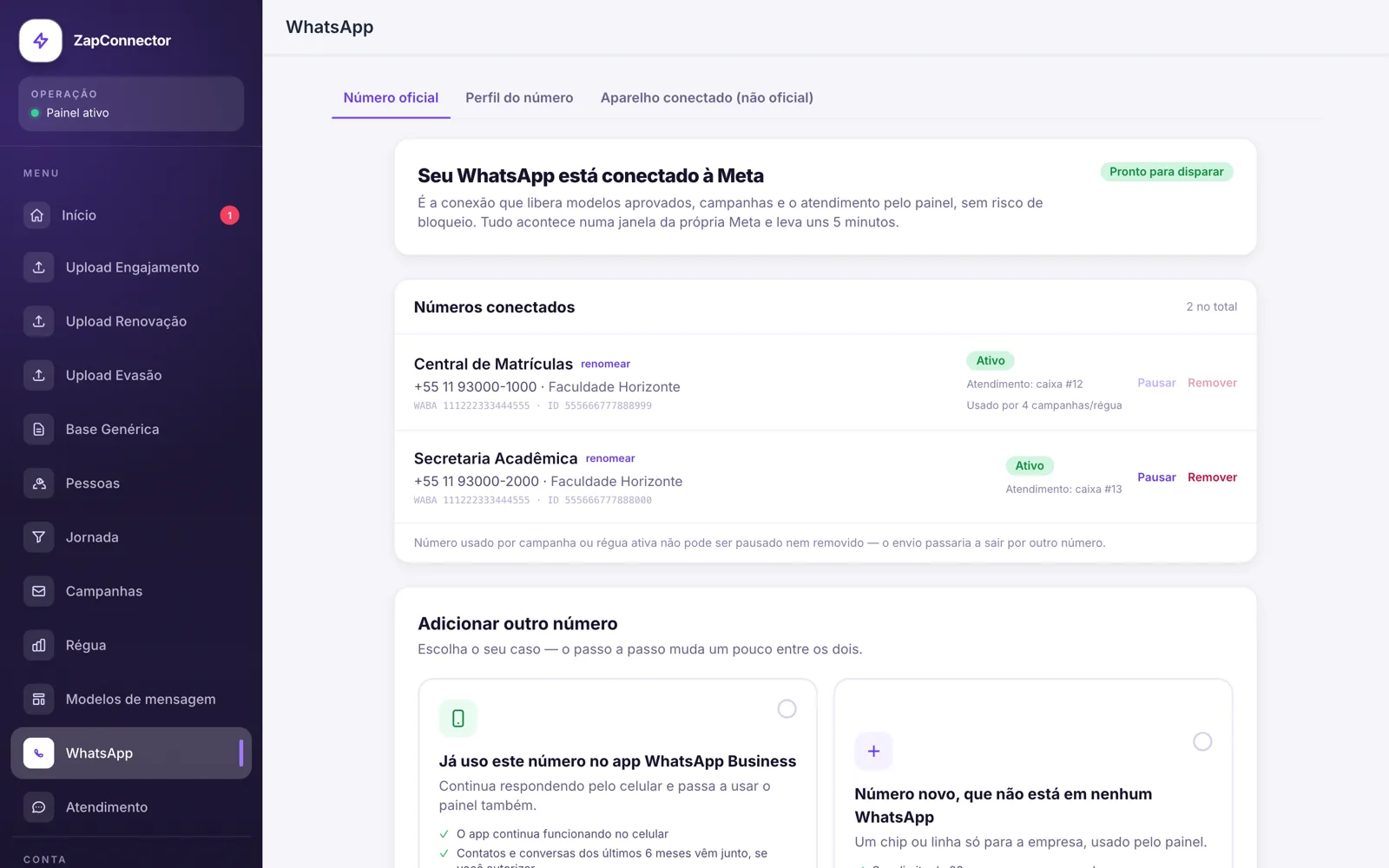 Números oficiais conectados