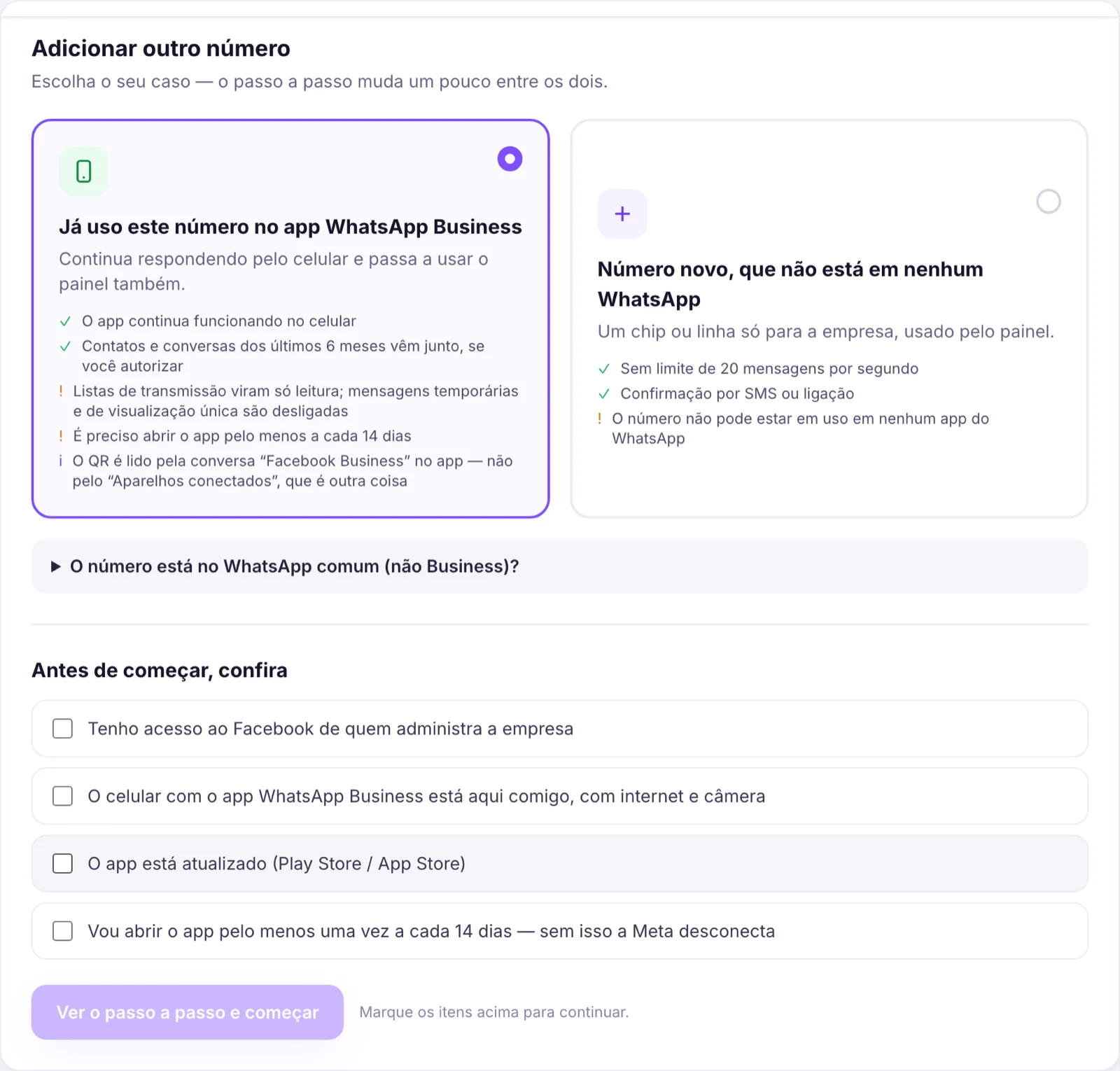 Escolha entre coexistência e número novo, com checklist